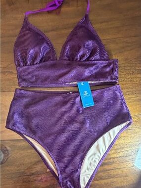 Cupshe Purple Ribbed High-Waist Bikini Set